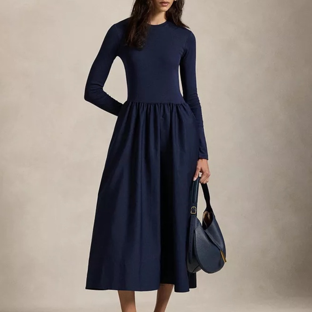 Ralph Lauren Navy Long-Sleeve Midi Dress